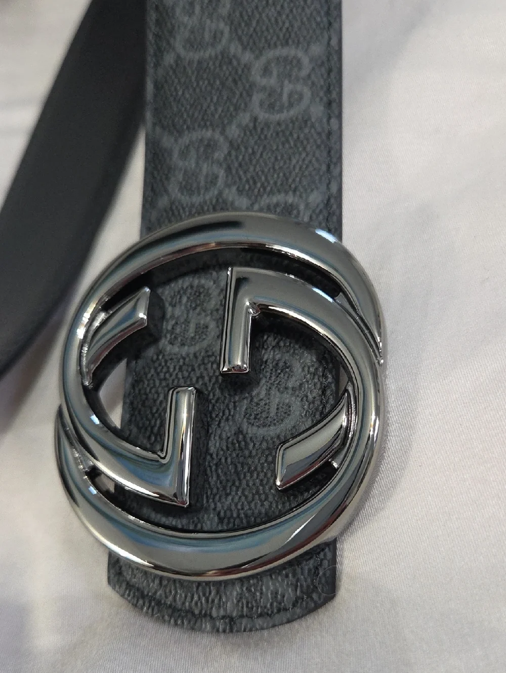 Gucci Reversible Gray Monogram GG Leather Belt with Silver Double G Buckle